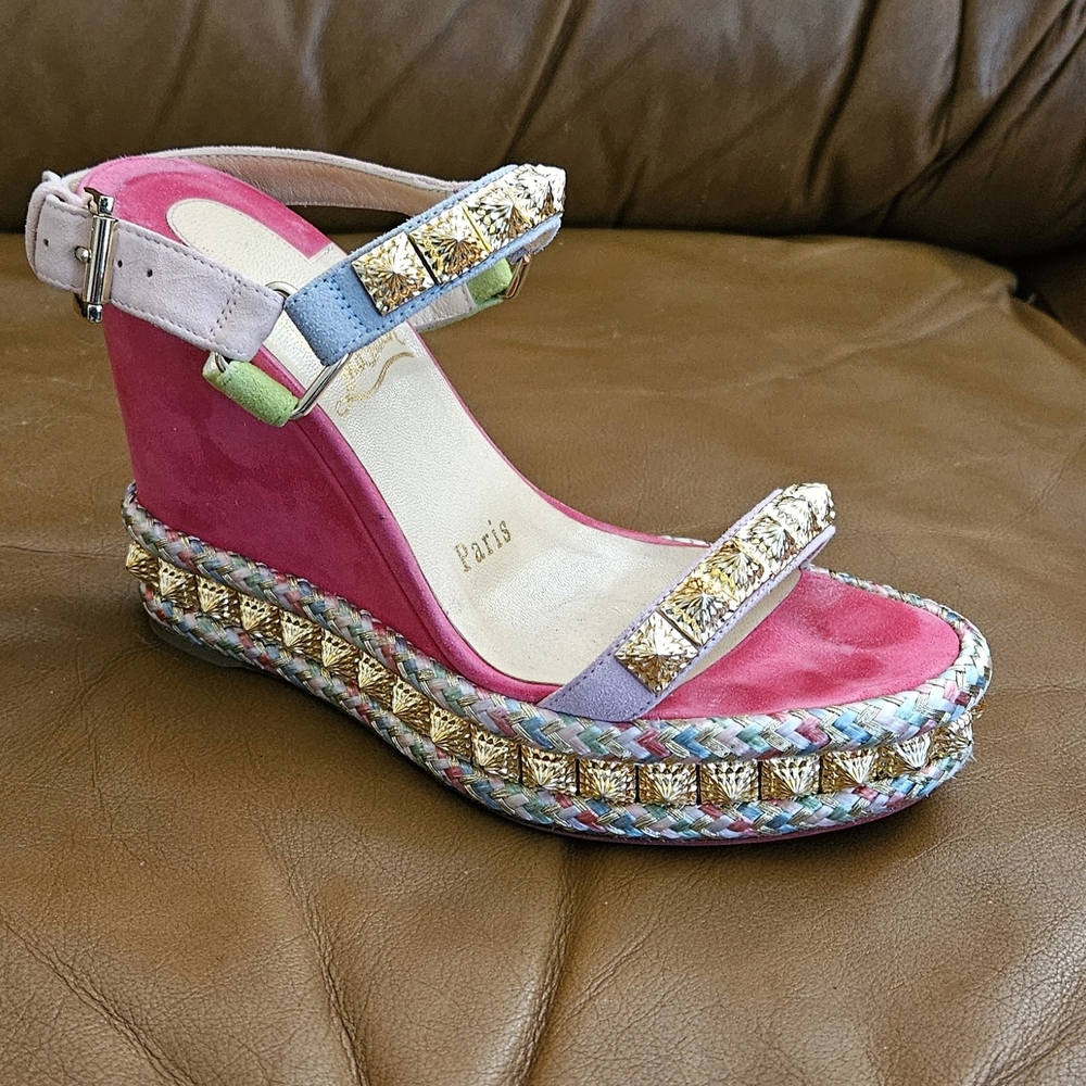Christian Louboutin Pyraclou Suede Multicolor Gold Accent Wedges Sz 4 US - Picture 4 of 15